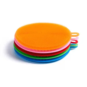 Colorful silicone dishwashing brush with hanging hole for kitchen cleaning and oil removal.