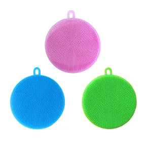 Round silicone dish washing brush set, multi-functional kitchen pot cleaning tool.