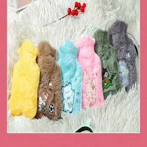 Cute plush hot water bag with soft rabbit fur cover, colorful cartoon designs for winter warmth.