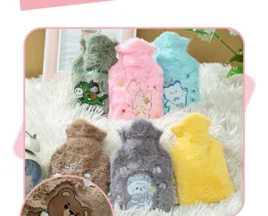 Plush hot water bag with cute cartoon prints, soft fuzzy cover, warm hand warmer winter supply.