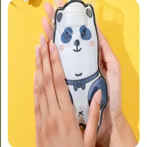 Cute cartoon panda hot water bag detail showing transparent design and portable hand warmer shape.