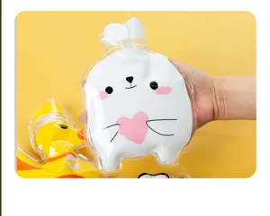 Cute cartoon animal hot water bag detail, soft PVC material with lovely heart pattern for hand warming.