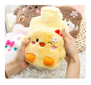 Cute cartoon chick plush hot water bottle with soft removable cover for warm hands.