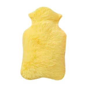 Yellow plush hot water bottle cover, soft faux rabbit fur winter hand warmer main view.