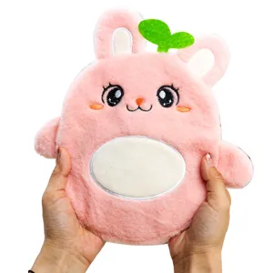 Cute plush rabbit hot water bag cover with cute cartoon design and soft warm fabric.