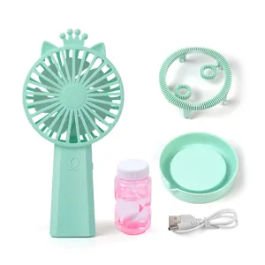 Mint green handheld cute cat ear mini fan with bubble blowing kit and USB charging cable for kids.
