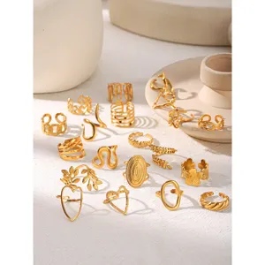 Minimalist Stainless Steel Open Ring For Women Gold Plated Hollow Heart Geometric Adjustable Finger Ring Jewelry