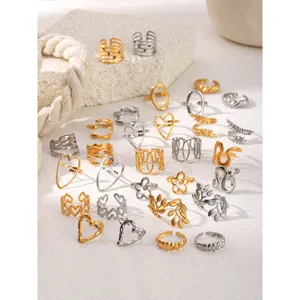 Hollow stainless steel open rings set, gold and silver geometric heart and leaf rings for women.