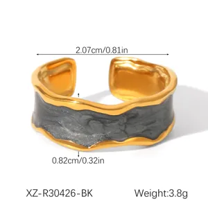 Exquisite irregular titanium steel oil drop open ring with gold edge and grey marble pattern design.