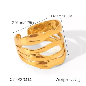 Gold stainless steel multi-strand layered open ring detail, minimalist geometric jewelry.