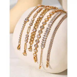 Gold titanium steel zircon tennis bracelet stack, elegant fashion jewelry detail view.