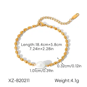 Stainless steel gold bead pearl bracelet detail view showing exact dimensions and length specs.