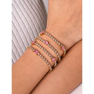 bracelet tennis zircone cristal rose en acier inoxydable or 18k mode bijoux tendance