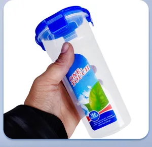 Portable plastic water bottle with leakproof lid and convenient hand grip for travel.