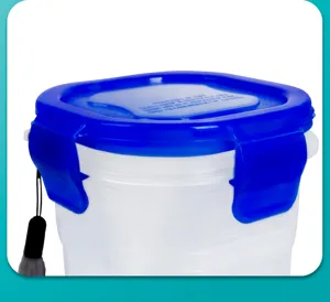Plastic travel water cup detail, blue sealing lid and white translucent body, leakproof.
