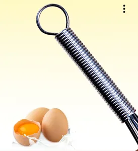 Stainless steel spring whisk detail, manual egg beater handle, kitchen baking tool for easy mixing.