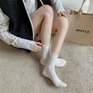 Damen weiße Mittelsocken Baumwolle gerippt süße Rüschen Spitze Sommer Freizeit Socken