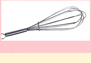 Detail view of stainless steel manual spring egg whisk kitchen baking tool close-up.