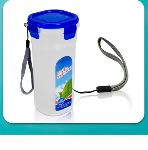 Portable plastic water bottle with leakproof lid and convenient carrying strap for travel.
