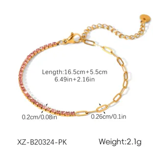 Stainless steel zircon bracelet with mixed chain design, detailed size and weight specs.