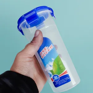 Clear plastic water bottle with blue lid and tea strainer label for portable daily use.