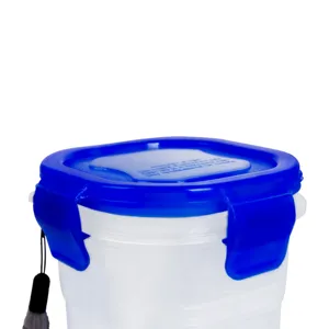 Portable plastic water bottle with leakproof blue lid and lanyard, ideal for travel.