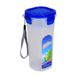 Portable plastic water bottle with leak-proof lid and strap for travel and sports.