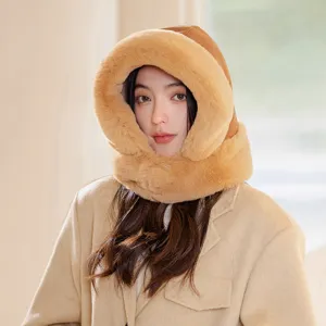 Women suede plush one-piece hooded scarf winter warm windproof thermal cap for cold weather
