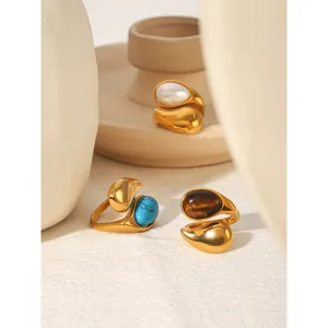 Gold stainless steel irregular waterdrop open rings with natural stone elegant jewelry