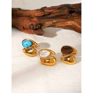 Vintage Stainless Steel Water Drop Natural Stone Open Ring For Women Fashion Turquoise Tiger Eye Pearl Adjustable Finger Ring Jewelry Gift