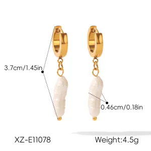 Vintage baroque pearl hoop earrings in gold stainless steel, elegant irregular drop design.