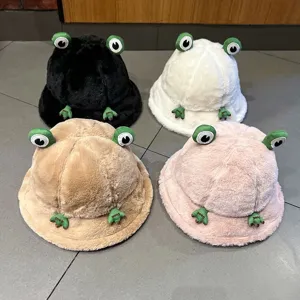 Close-up details of cute fuzzy frog bucket hats in multiple colors, soft plush material design.