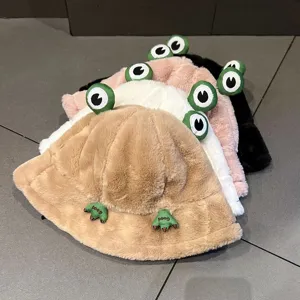 Plush frog bucket hat for women autumn winter thick warm cute casual plush fisherman cap