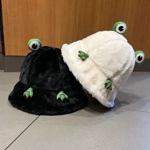 Cute Frog Plush Bucket Hat Women Winter Warm Thickened Rex Rabbit Fur Japanese Cartoon Casual Basin Hat