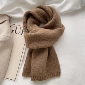 Brown knitted scarf for women winter cozy soft warm solid color lazy style neck warmer detail