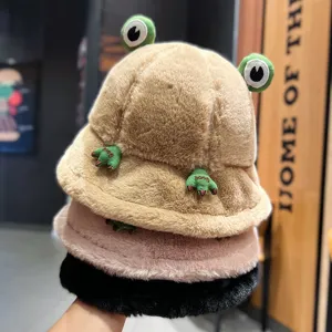 Cute plush frog bucket hat detail, winter warm furry fisherman hat, soft cute multi-color cap.