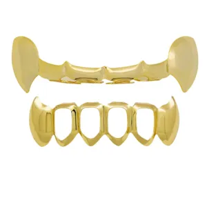 Hip-hop gold grillz set vampire sharp teeth glossy hollow dental jewelry for daily party