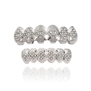Silver hip hop teeth grills set with rhinestone diamond pattern for fashion party