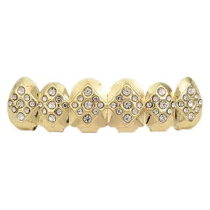 Gold plated hip hop teeth grills with rhombus rhinestones for Halloween party wear.