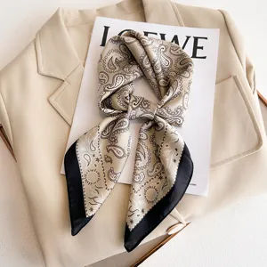Chic satin small square scarf for women, elegant paisley print neckerchief for stylish outfits.