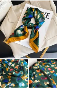 Silk square scarf detail view showing vintage cat print pattern and contrast yellow border.