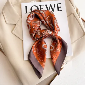 Women's satin square scarf, classic paisley pattern, elegant neckerchief for spring and autumn.