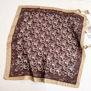 Women's satin square scarf, classic paisley pattern, chic brown neckerchief for daily wear.