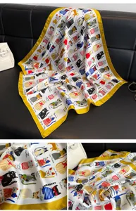 Women 70cm silk square scarf retro cat print fashionable stylish neckerchief accessory