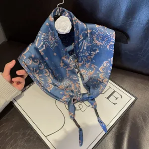 Blue satin silk triangle scarf for women, elegant floral print spring neckerchief shawl.