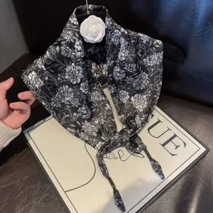 Elegant black and white floral silk satin triangle scarf, stylish neckerchief for women.