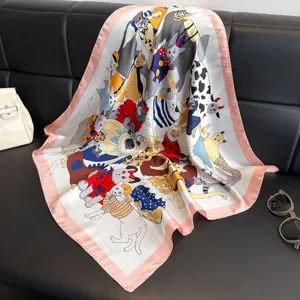 Elegant 70cm women's silk scarf with retro cat print, chic fashion neckerchief for daily wear.