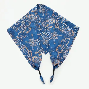 Blue silk satin triangular scarf featuring elegant abstract floral print for women style.