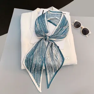 Elegant skinny silk scarf with geometric stripes, perfect for neckerchief, hair band or bag.