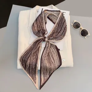 Chic narrow silk twilly scarf featuring elegant stripes for women neck and bag decoration style
